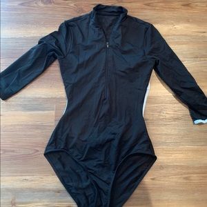 Mock Neck and Zipper Front leotard with blue trim